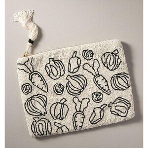 Anthropologie The Fiona Large Beaded Pouch White Black Graphic Veggie Print